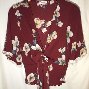 Maroon Floral Tie Front Peplum Crop Top